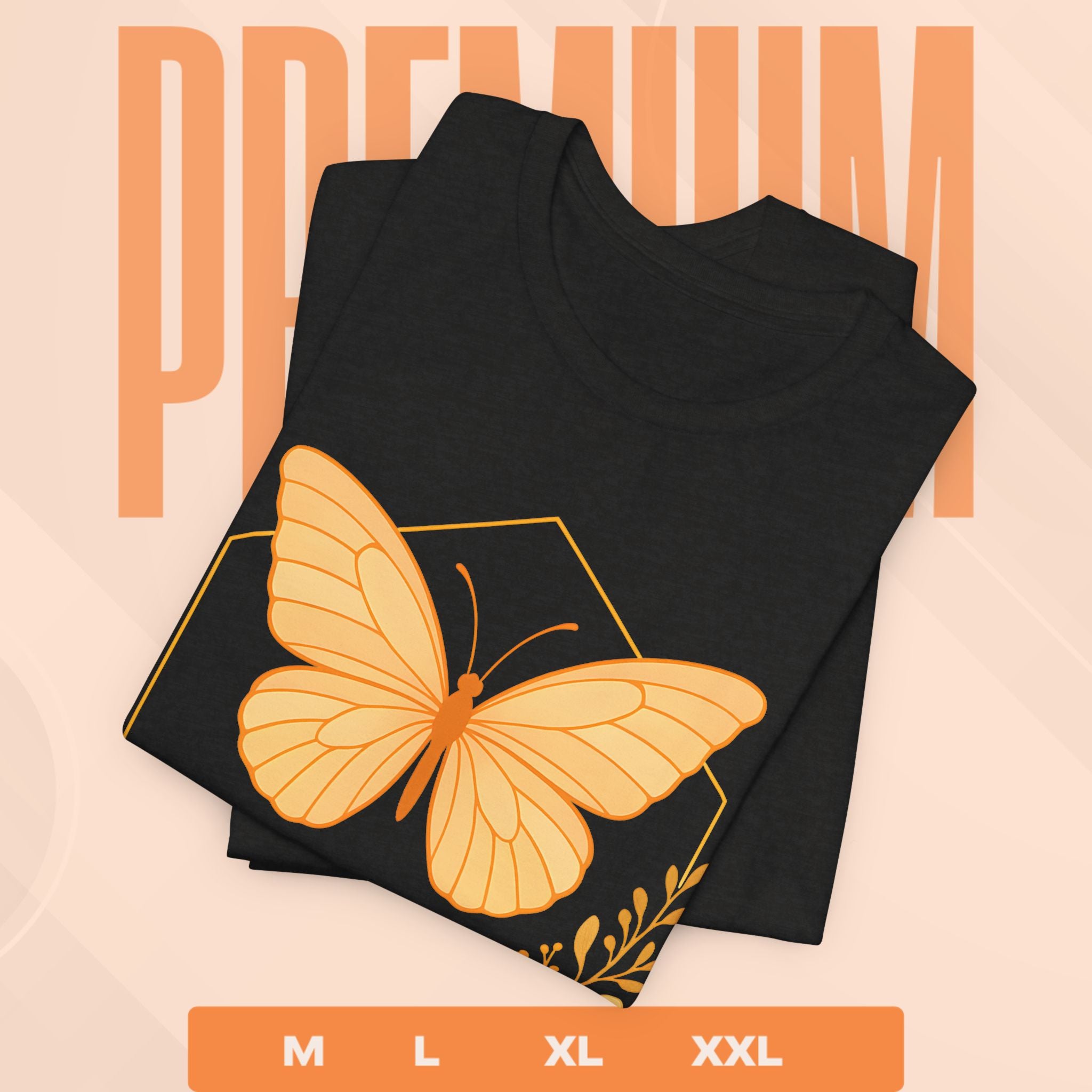 Black t-shirt with a yellow butterfly design on a peach background with 'PREMIUM' text.