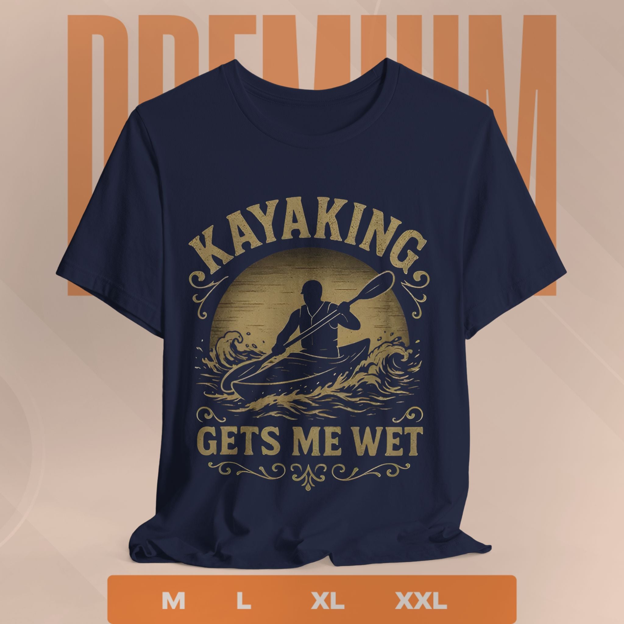 Navy blue t-shirt with kayaking graphic and text on a beige background