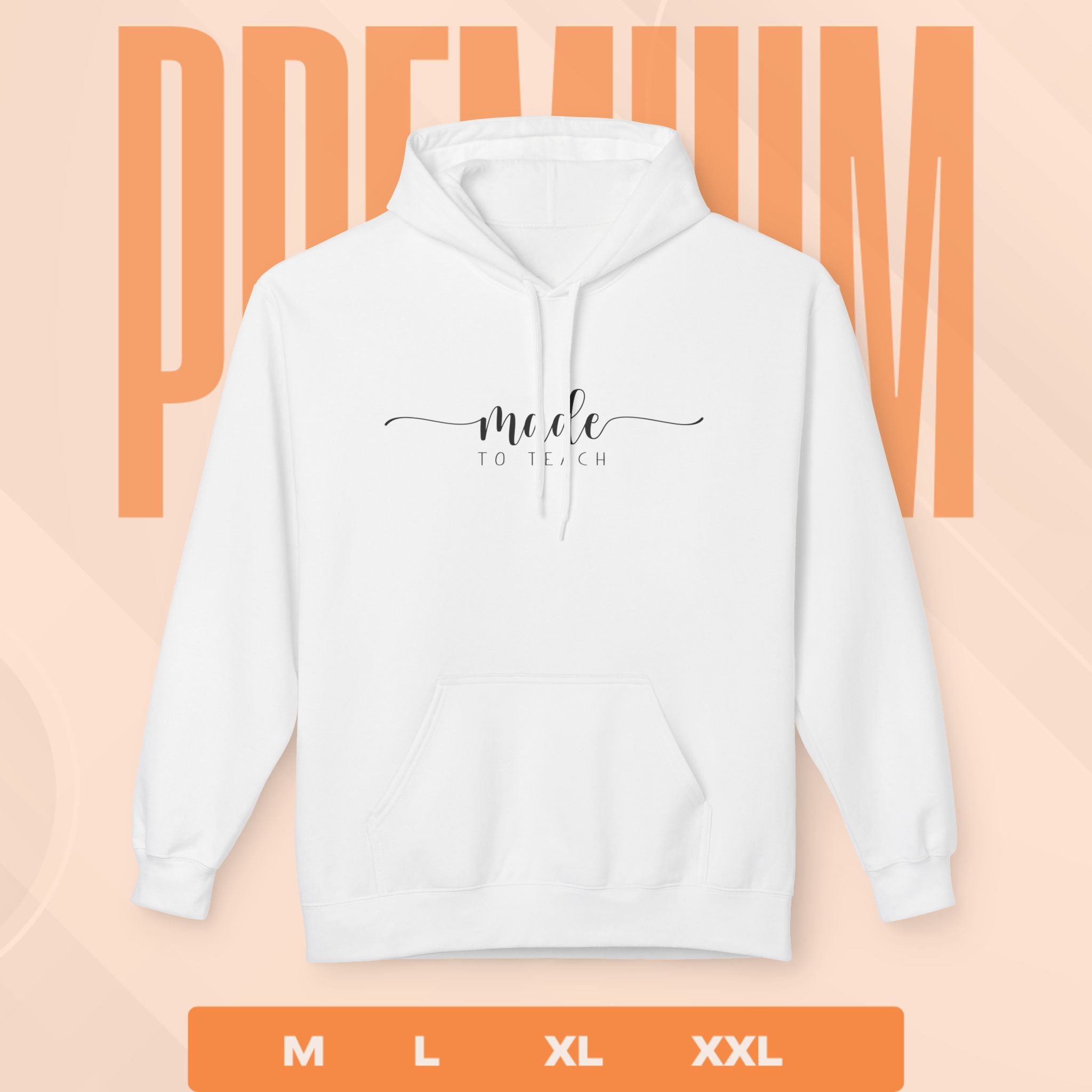 White hoodie with 'mode to teach' text on a peach background with size options.