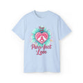 Light blue t-shirt with a heart design and text on a white background