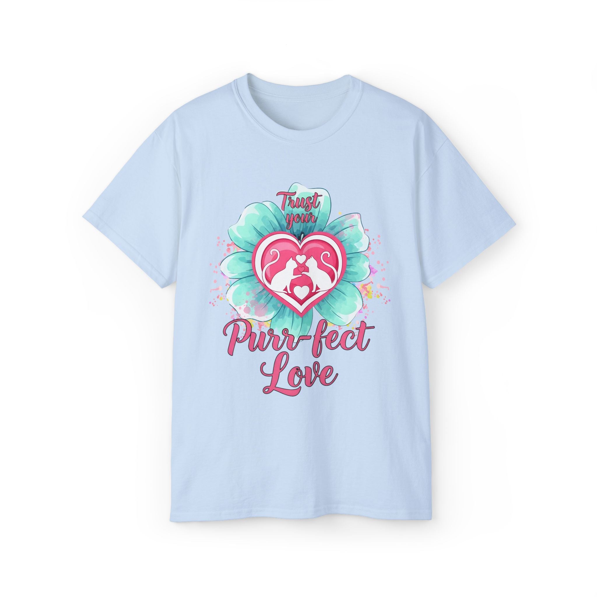 Light blue t-shirt with a heart design and text on a white background