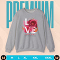 Gray sweatshirt with floral design and 'Happy Valentine's Day' text on a beige background with 'PREMIUM' text.