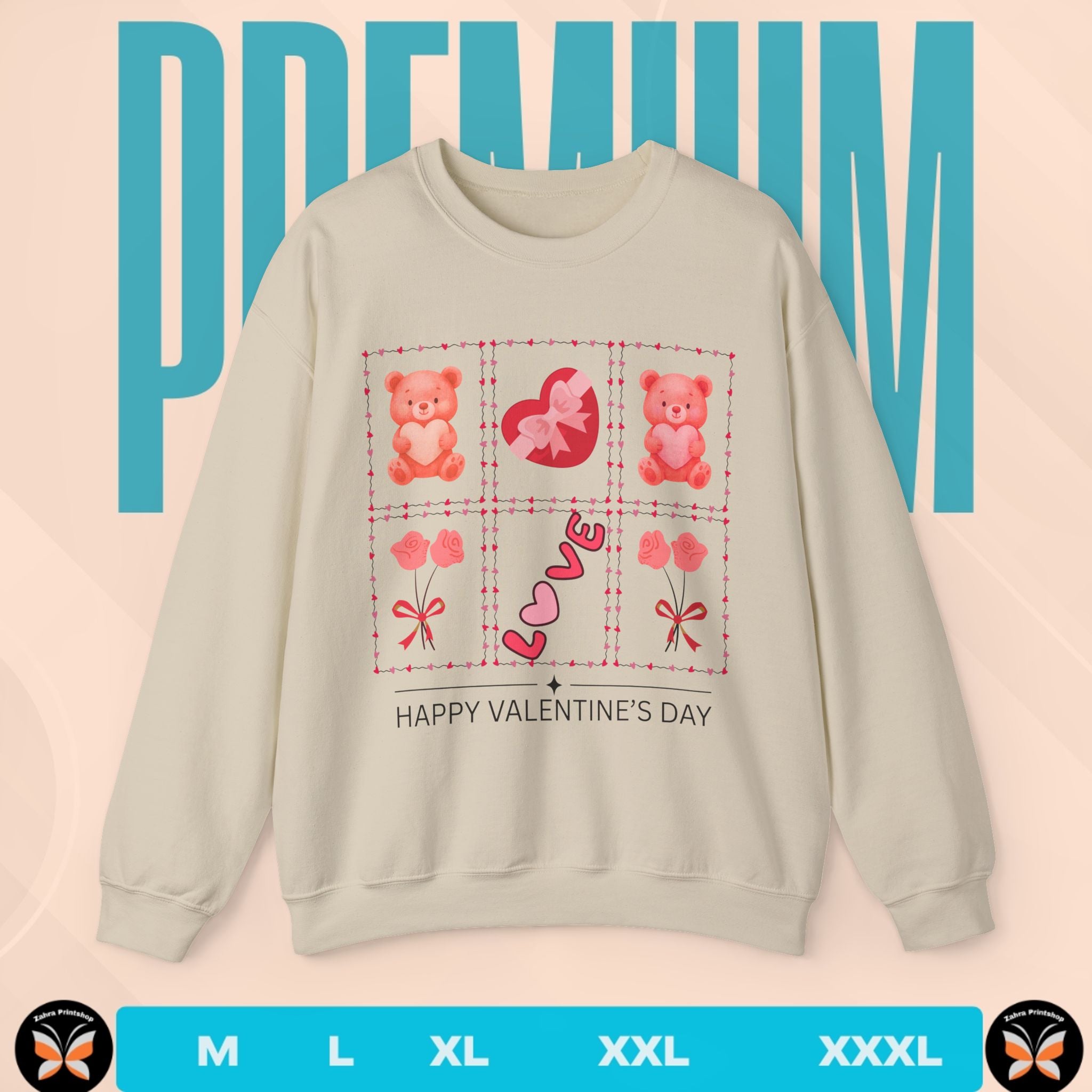 Valentine's Day-themed sweatshirt with teddy bears, hearts, and flowers on a pink background with 'PREMIUM' text.
