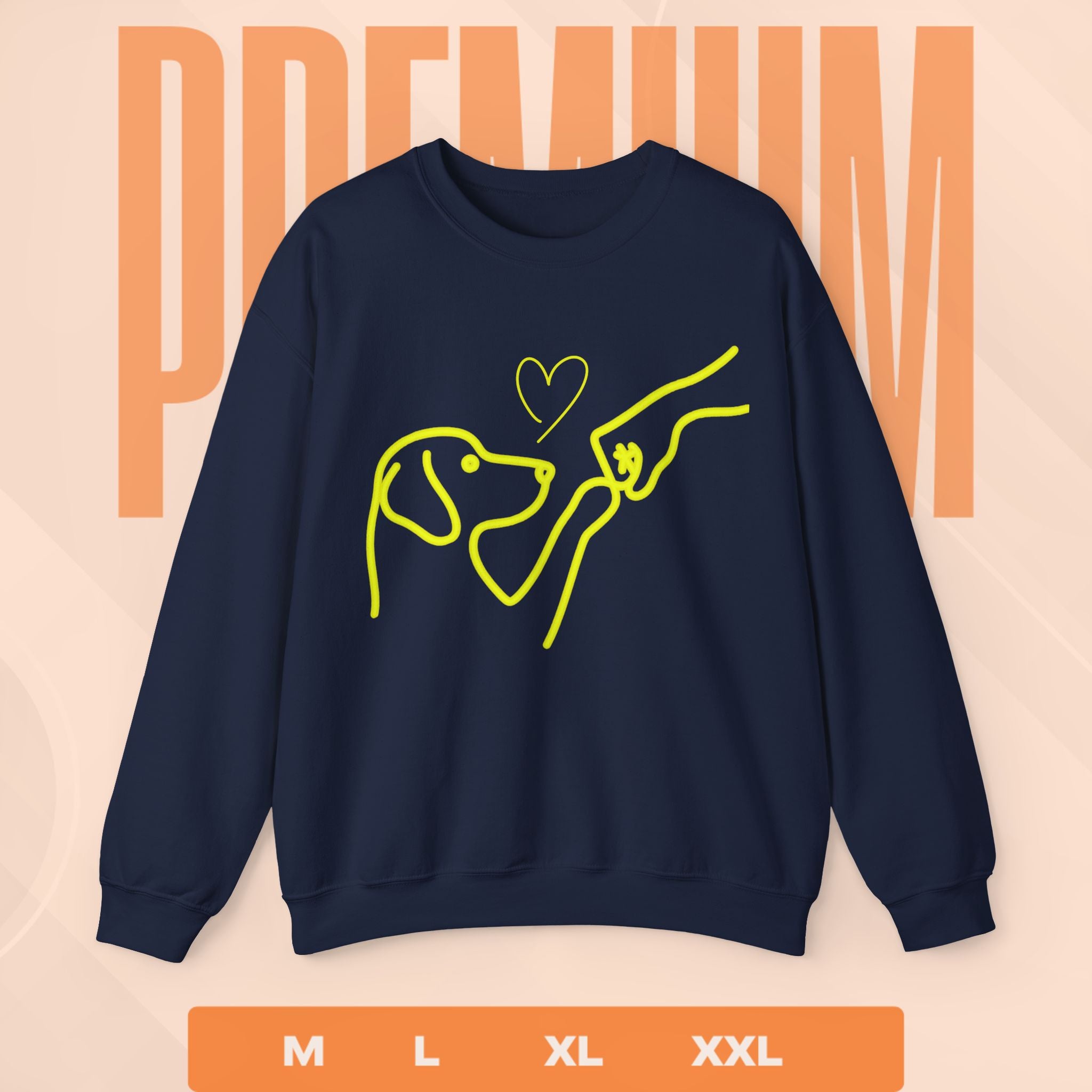 Navy blue sweatshirt with yellow dog and bone design on a peach background
