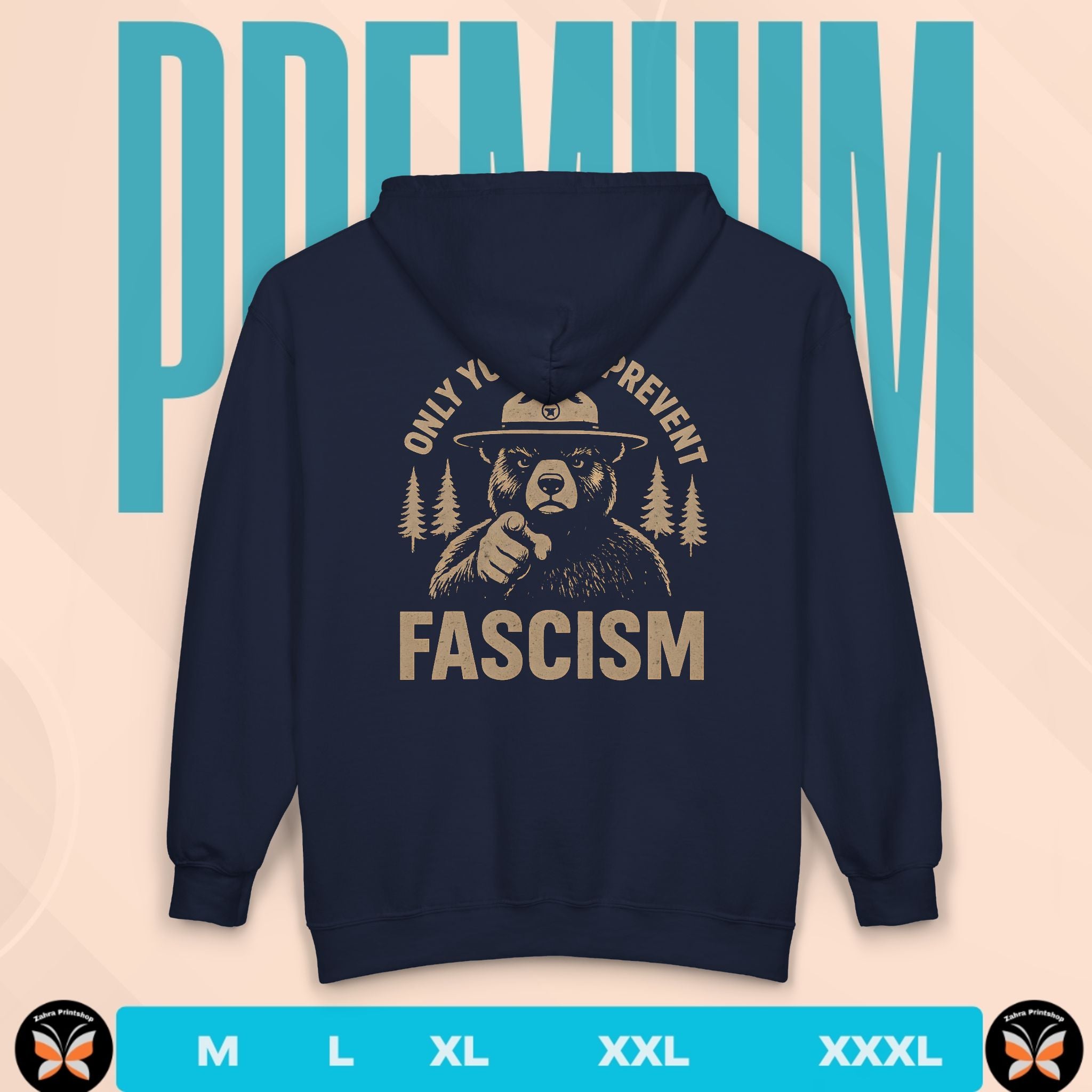 Navy blue hoodie with bear graphic and text on the back, displayed against a beige background with 'PREMIUM' text.