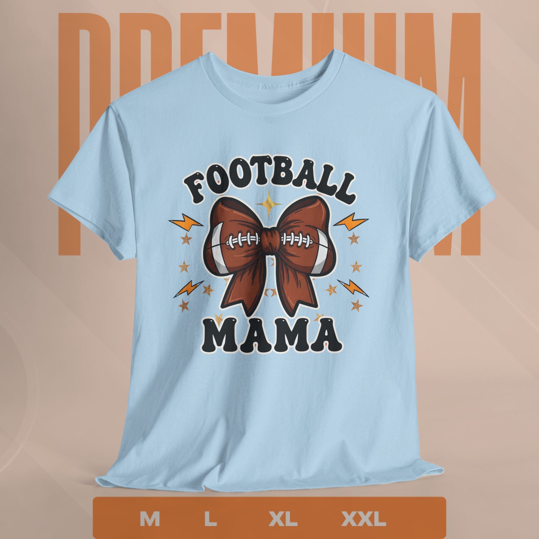 Light blue t-shirt with 'Football Mama' design on a beige background