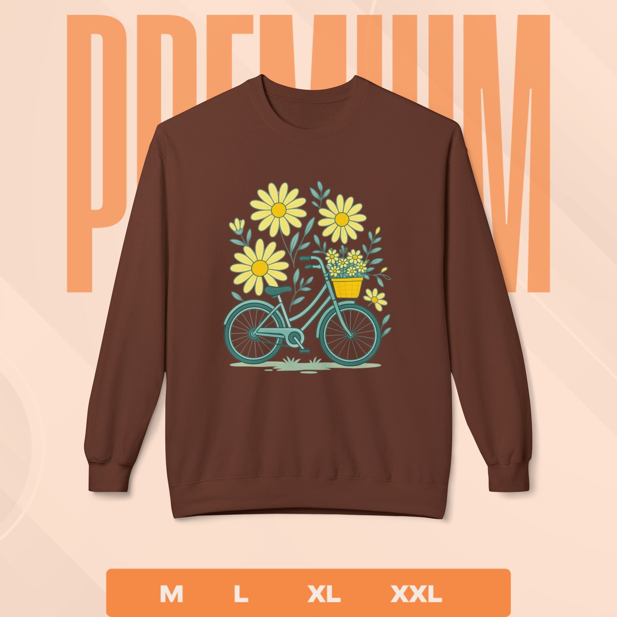 Brown sweatshirt with bicycle and flower design on a beige background