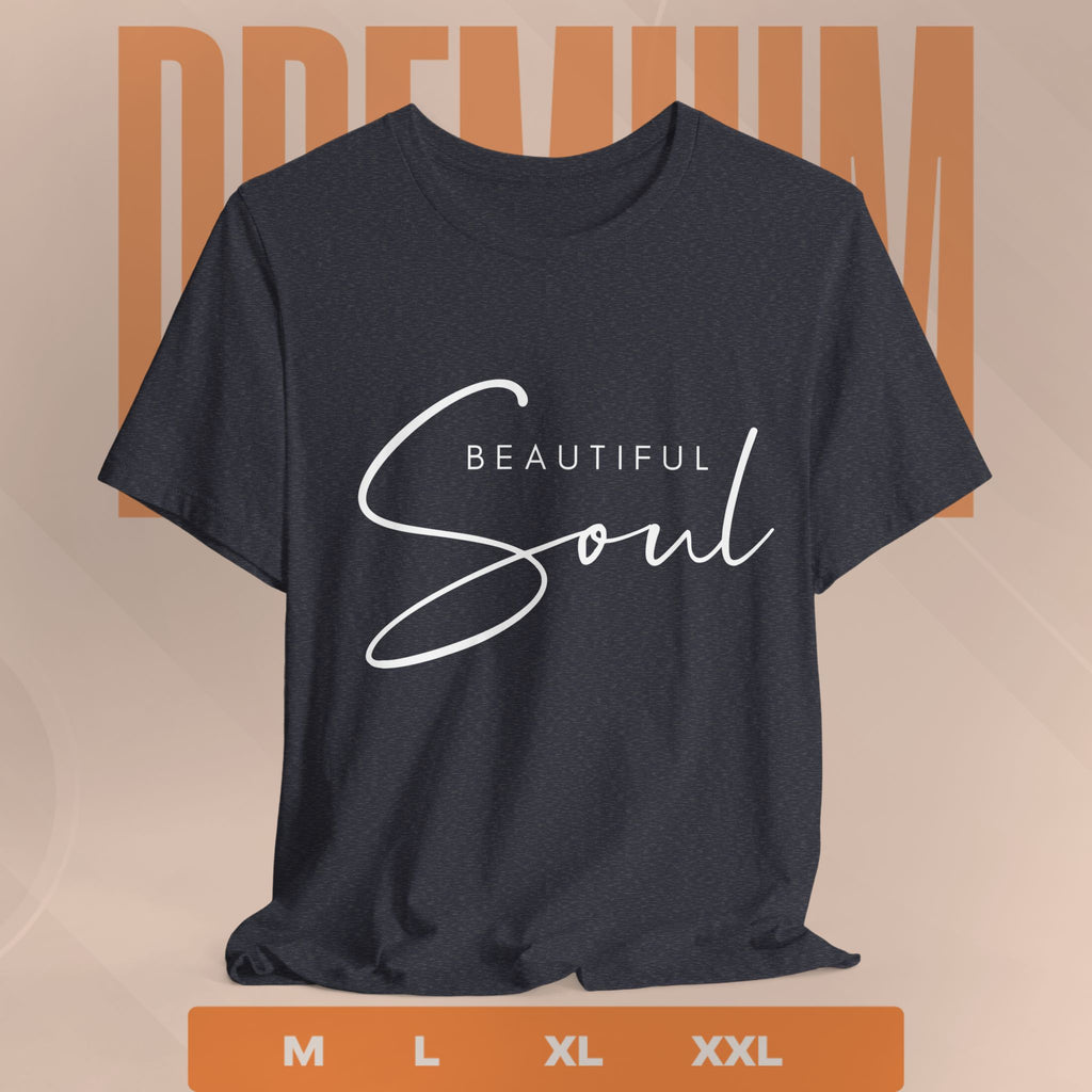 Black t-shirt with 'Beautiful Soul' text on a beige background