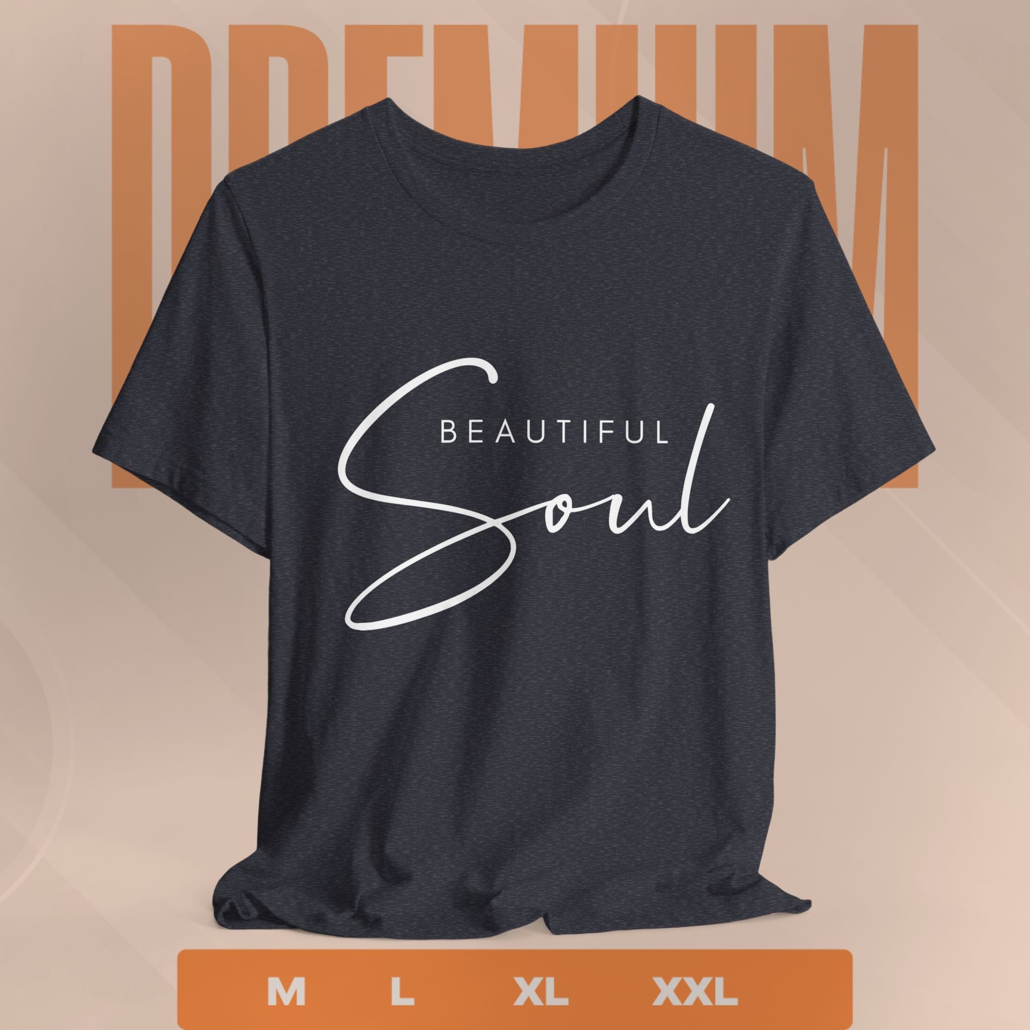 Black t-shirt with 'Beautiful Soul' text on a beige background