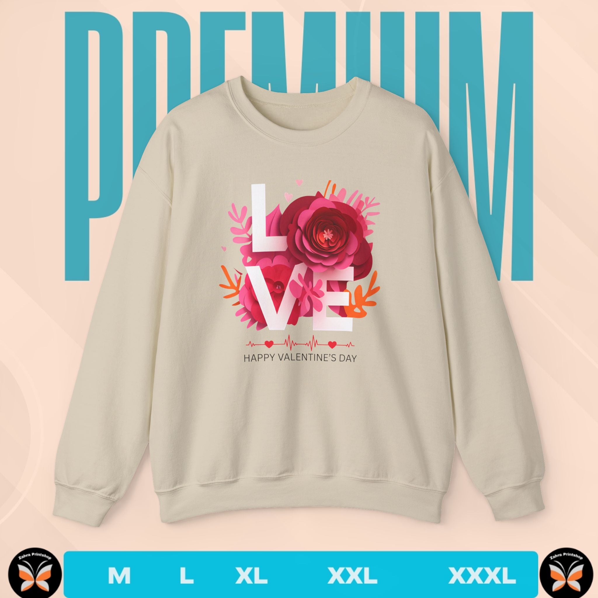 Beige sweatshirt with floral 'LOVE' design on a peach background with 'PREMIUM' text.