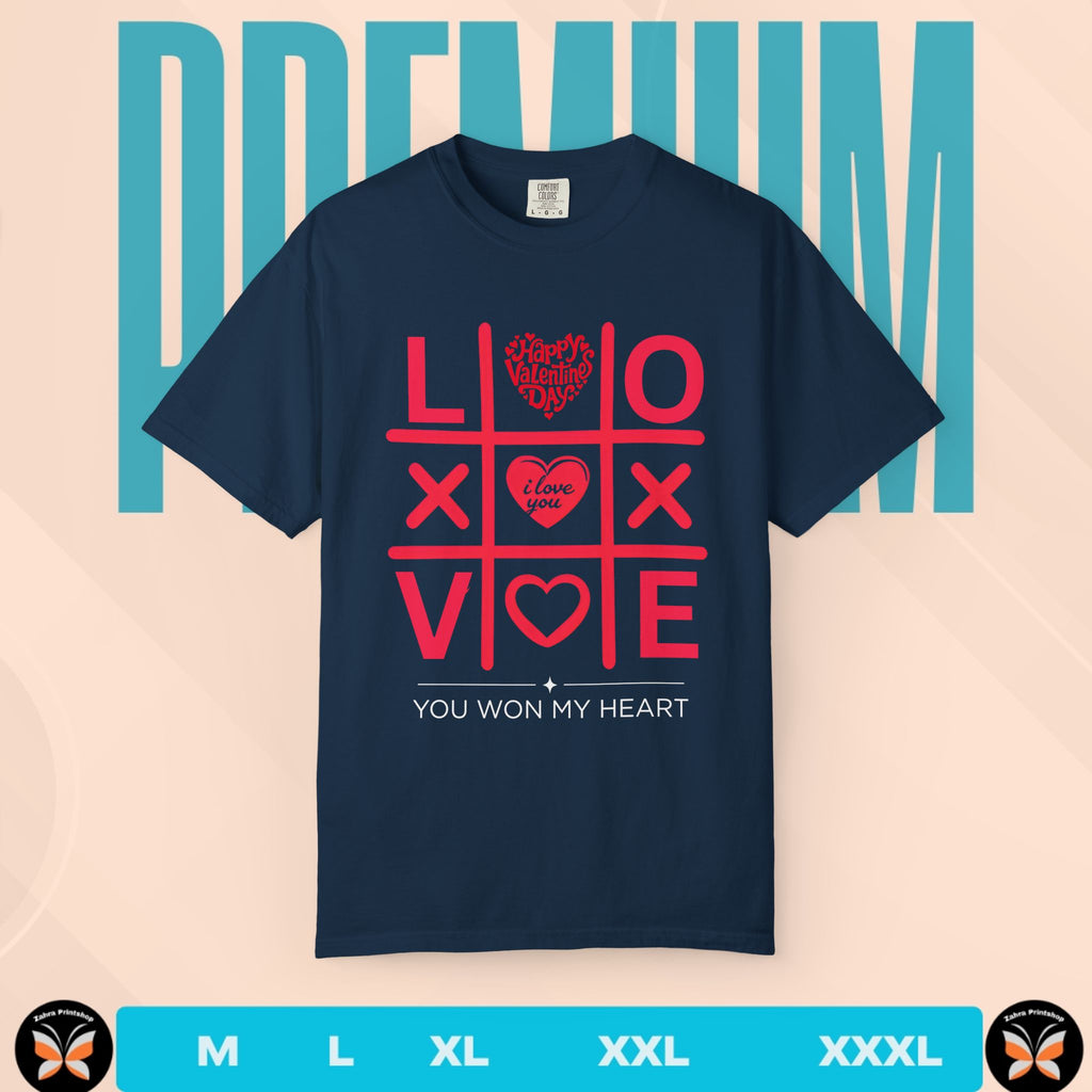 Navy blue t-shirt with red text and design on a beige background