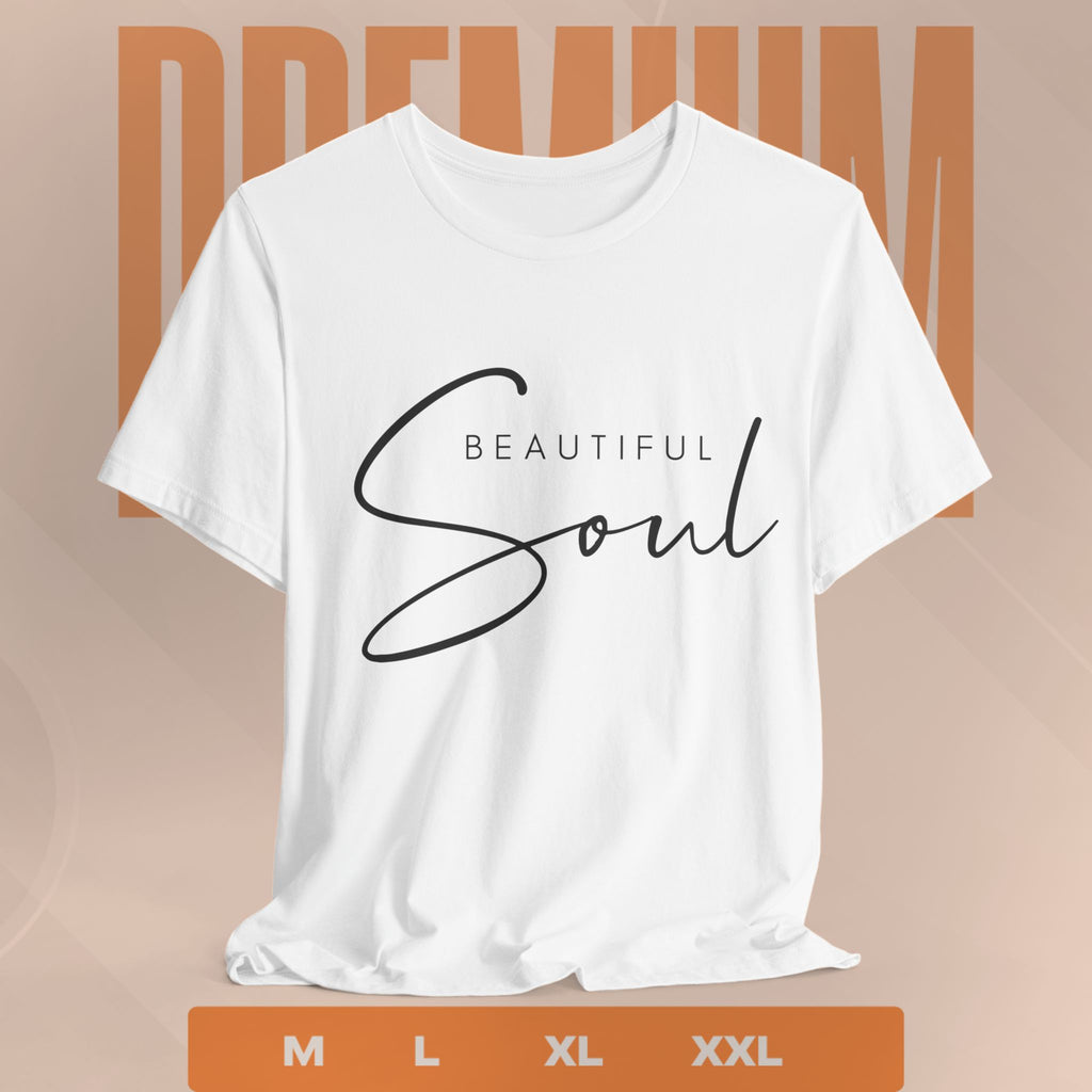 White t-shirt with 'Beautiful Soul' text on a beige background