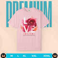 Pink t-shirt with floral 'LOVE' design and 'Happy Valentine's Day' text on a beige background with 'PREMIUM' text.
