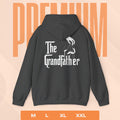 Black hoodie with 'The Grandfather' text on the back against a peach background with 'PREMIUM' text.