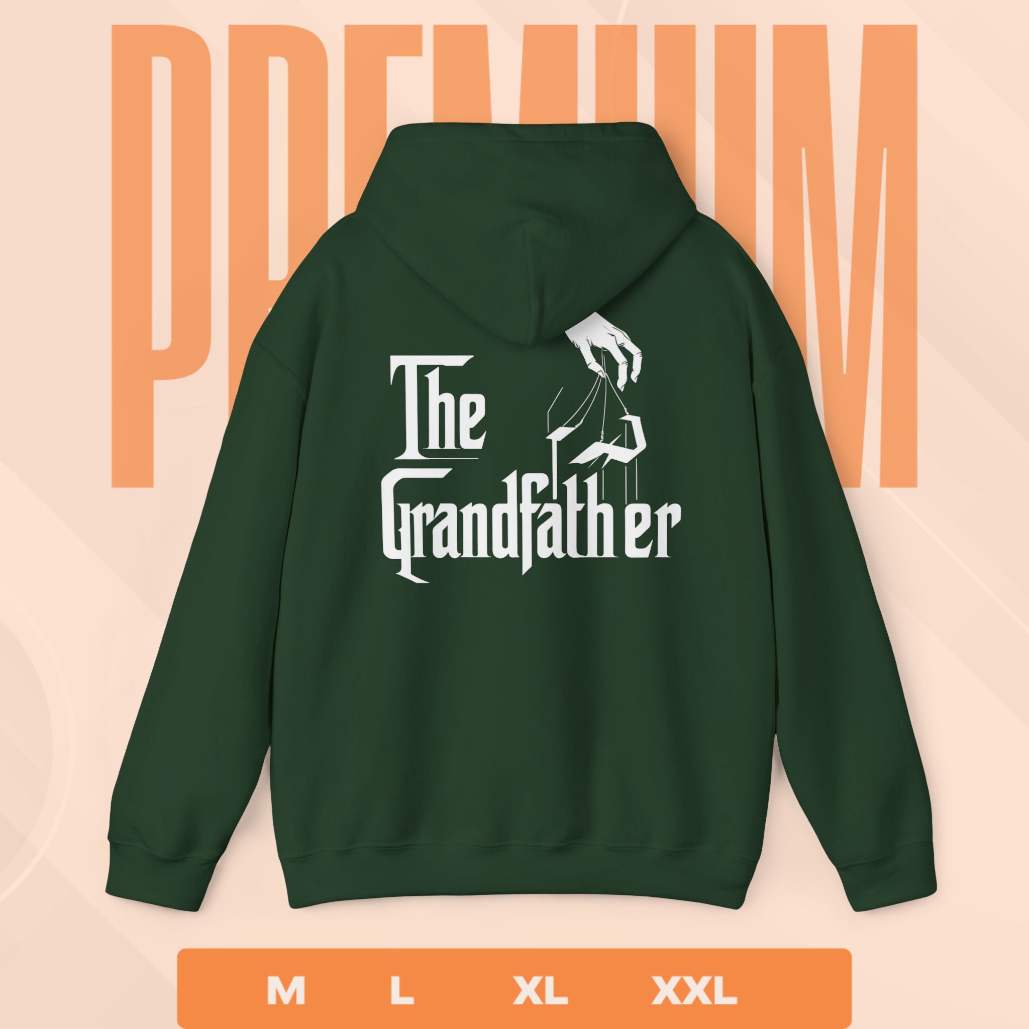 Green hoodie with 'The Grandfather' text on the back against a peach background with 'PREMIUM' text.