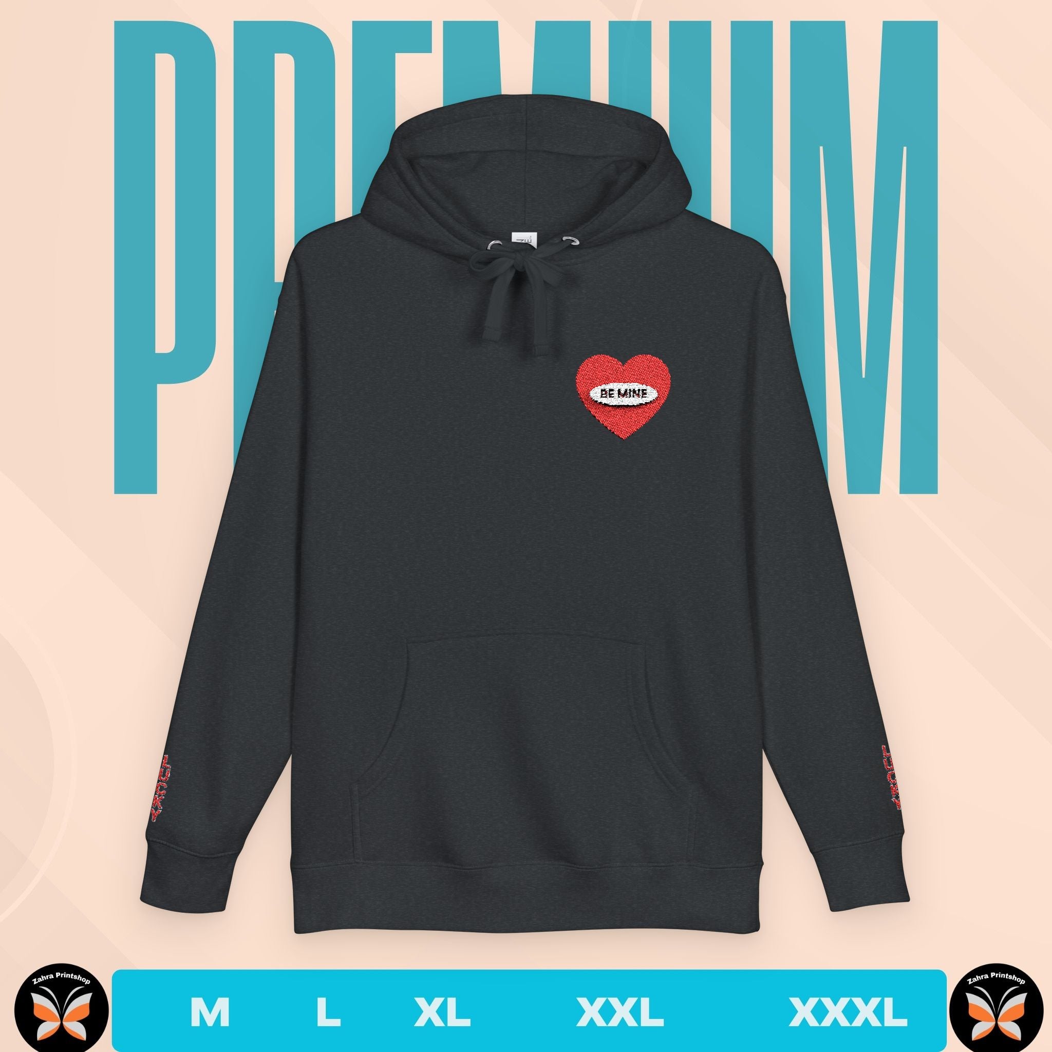 Black hoodie with a red heart and text on a beige background with 'PREMIUM' text.