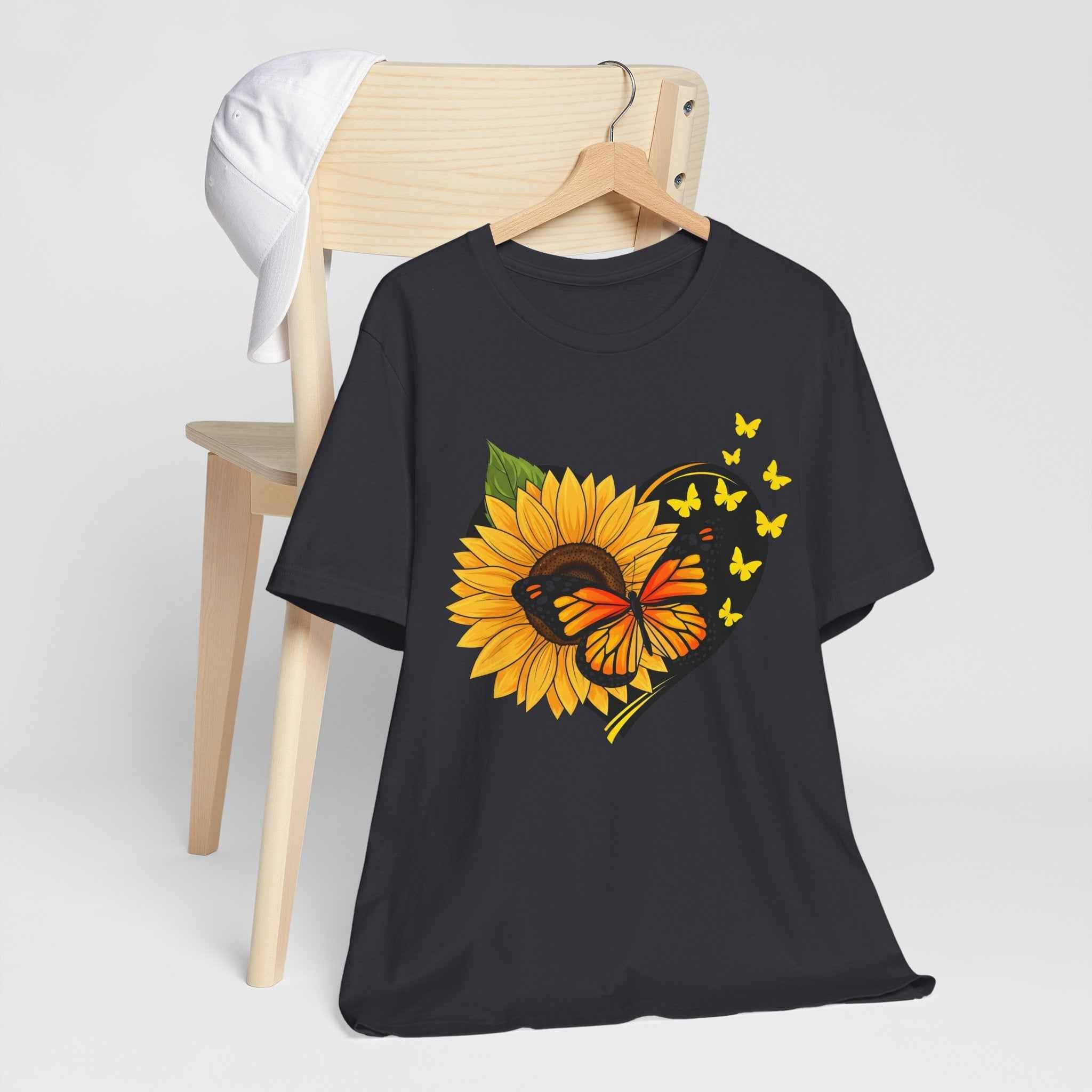 Sunflower & Monarch Heart Tee — Butterfly Floral Graphic T-Shirt