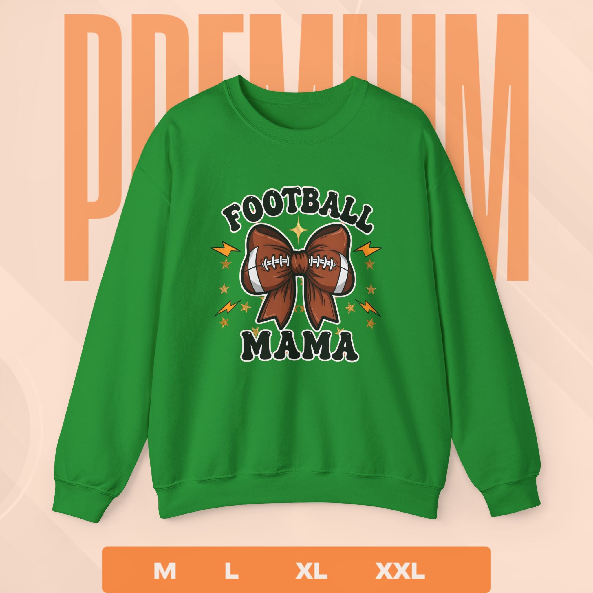 Green sweatshirt with 'Football Mama' design on a peach background
