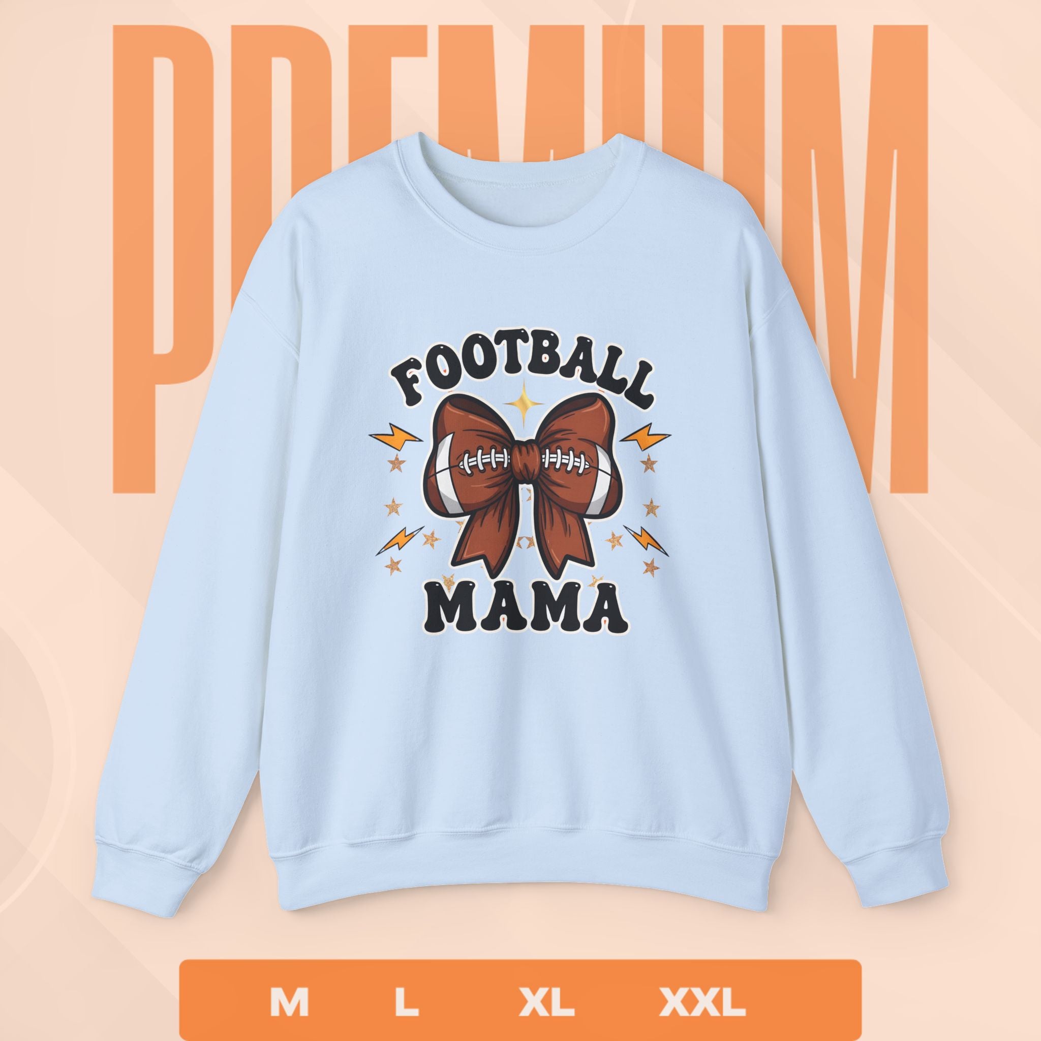 Light blue sweatshirt with 'Football Mama' design on a peach background