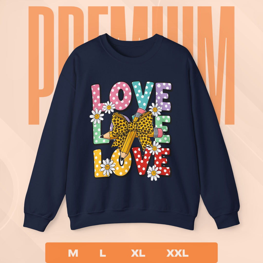 Navy blue sweatshirt with colorful 'LOVE' design on a peach background