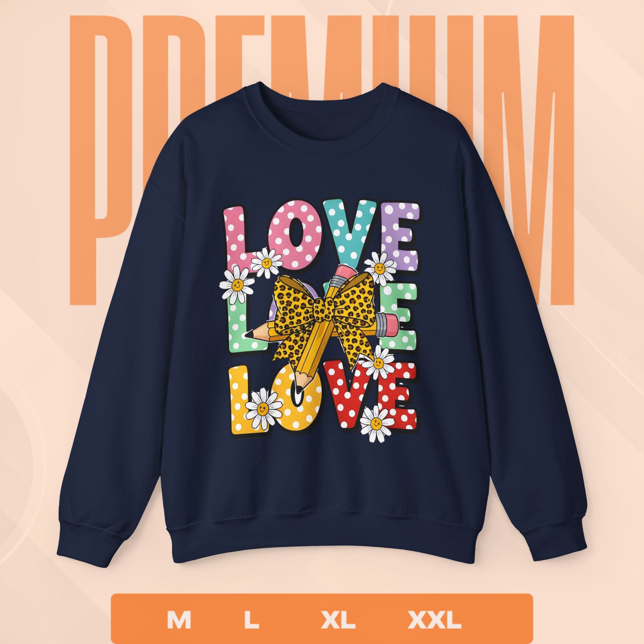 Navy blue sweatshirt with colorful 'LOVE' design on a peach background