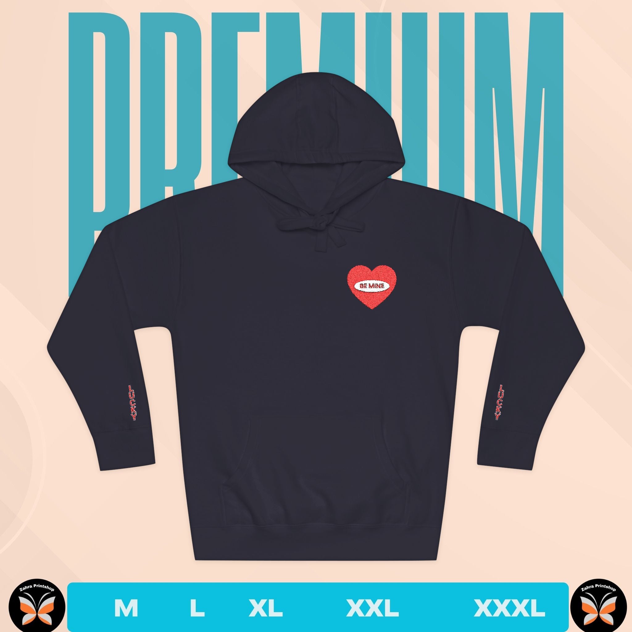 Black hoodie with a red heart design on a beige background with 'PREMIUM' text.