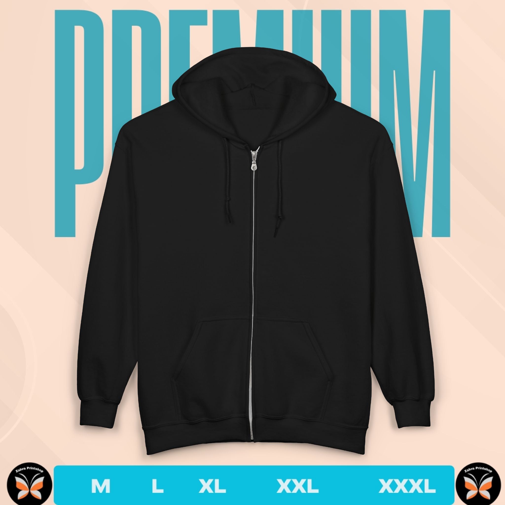 Black hoodie with a zipper on a beige background with 'PREMIUM' text.