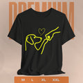 Black t-shirt with yellow line art of a dog and hand holding a heart on a beige background.