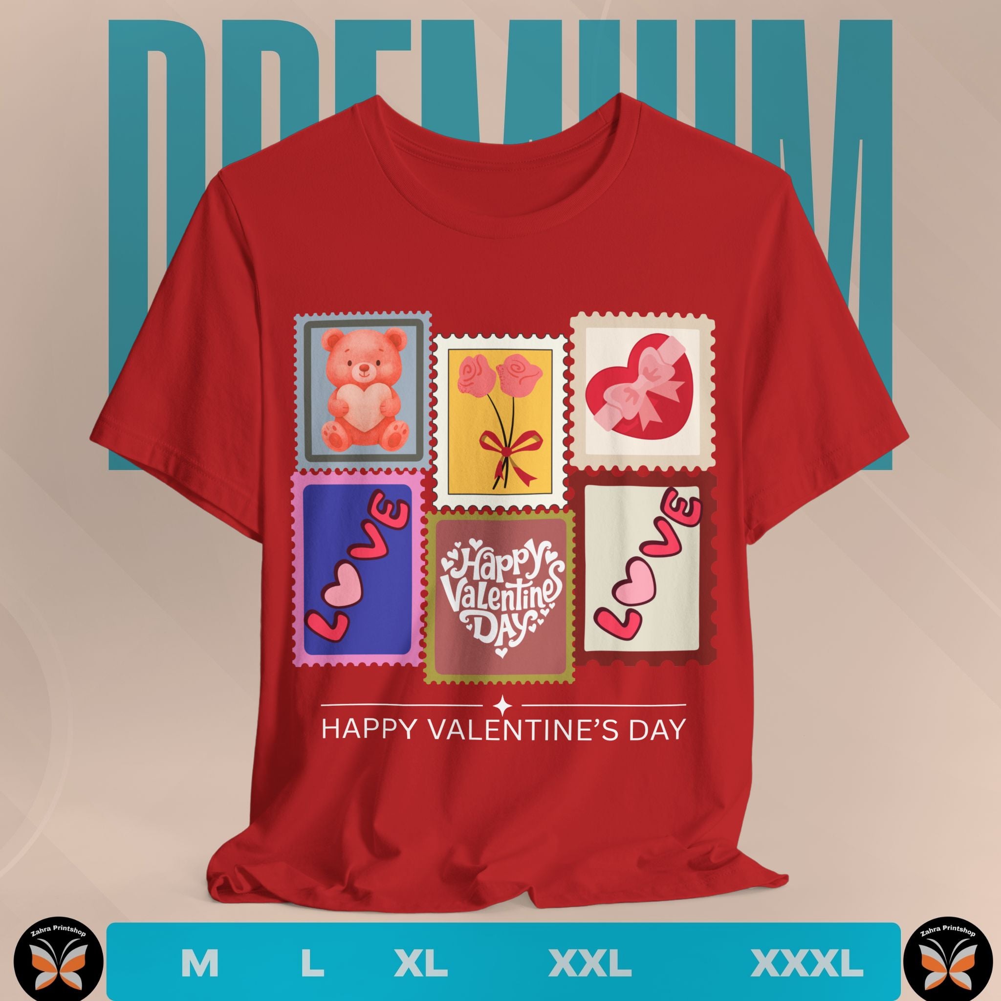 Red t-shirt with Valentine's Day-themed postage stamps design on a beige background.