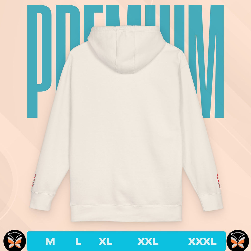 White hoodie with 'PREMIUM' text on a peach background