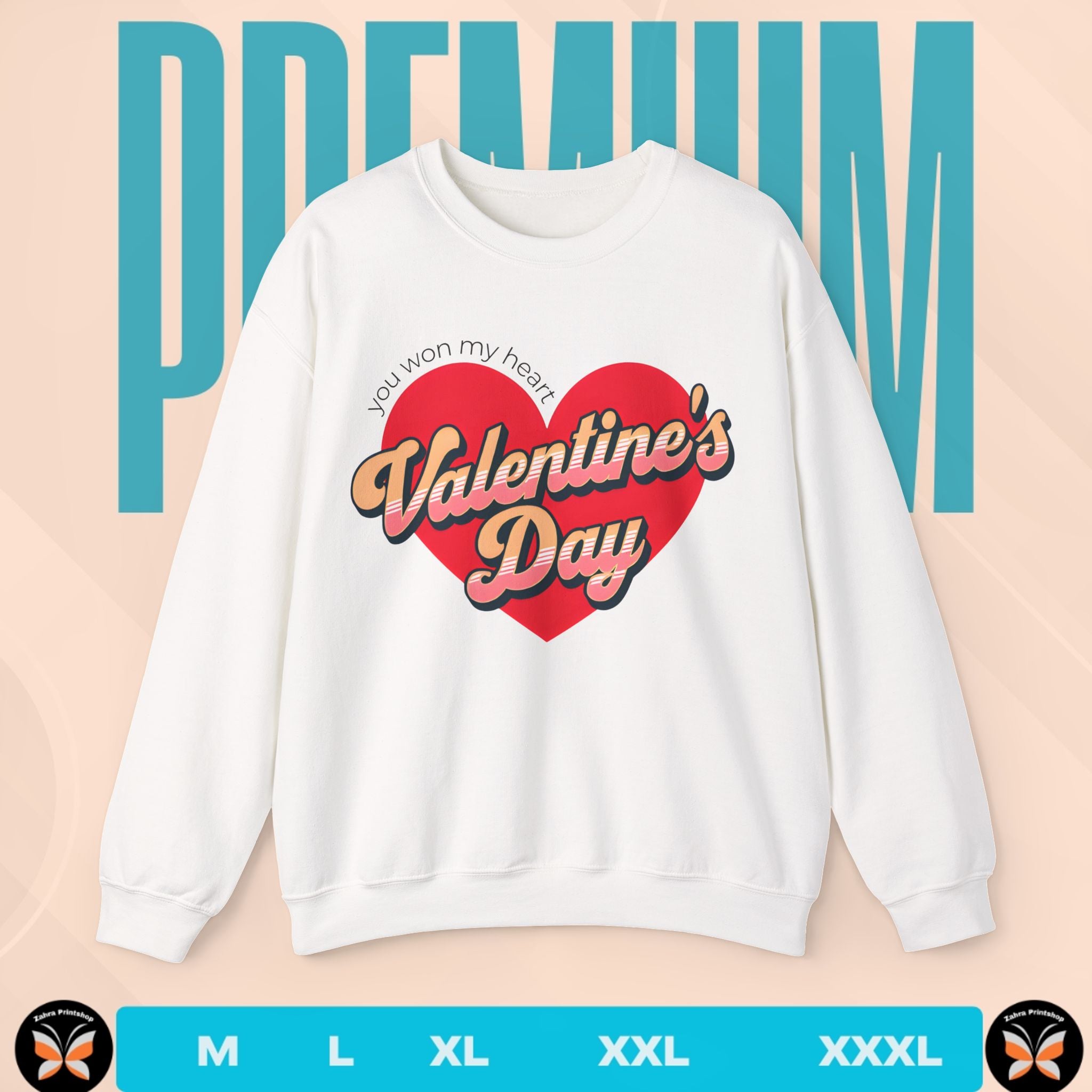 White sweatshirt with Valentine's Day design on a peach background