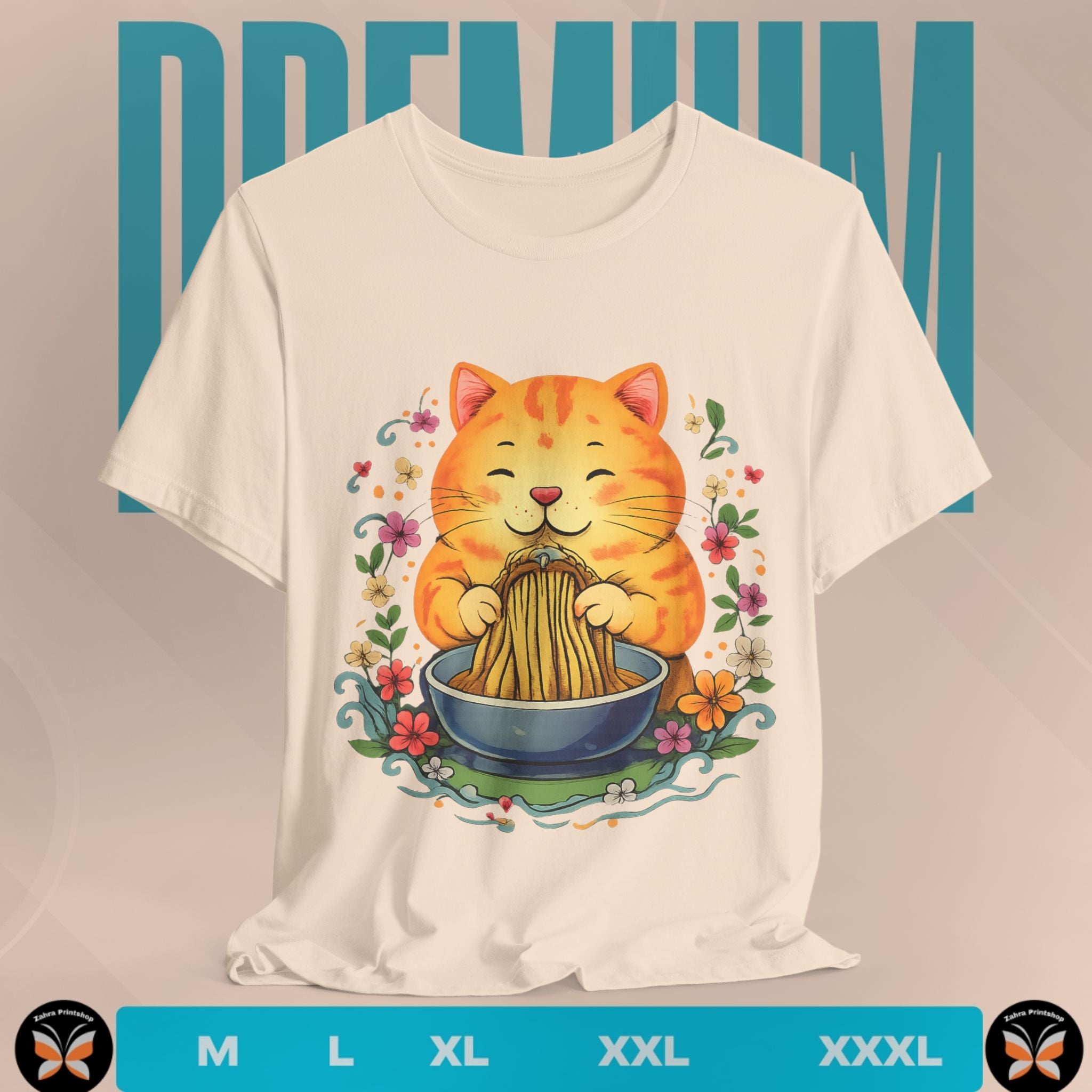 White t-shirt with a colorful cat eating noodles graphic on a beige background