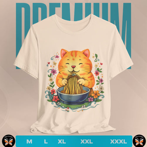 White t-shirt with a colorful cat eating noodles graphic on a beige background
