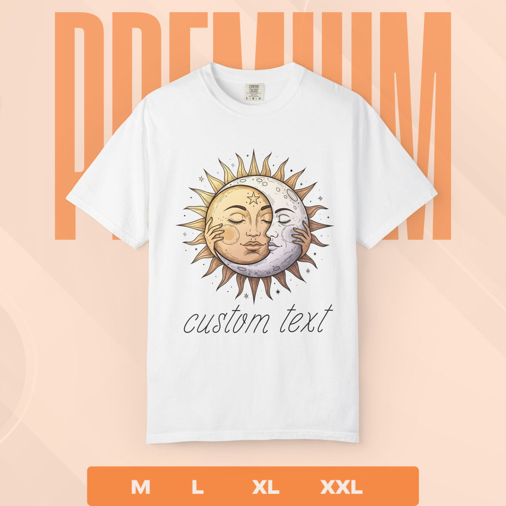 White t-shirt with sun and moon design and customizable text on a peach background