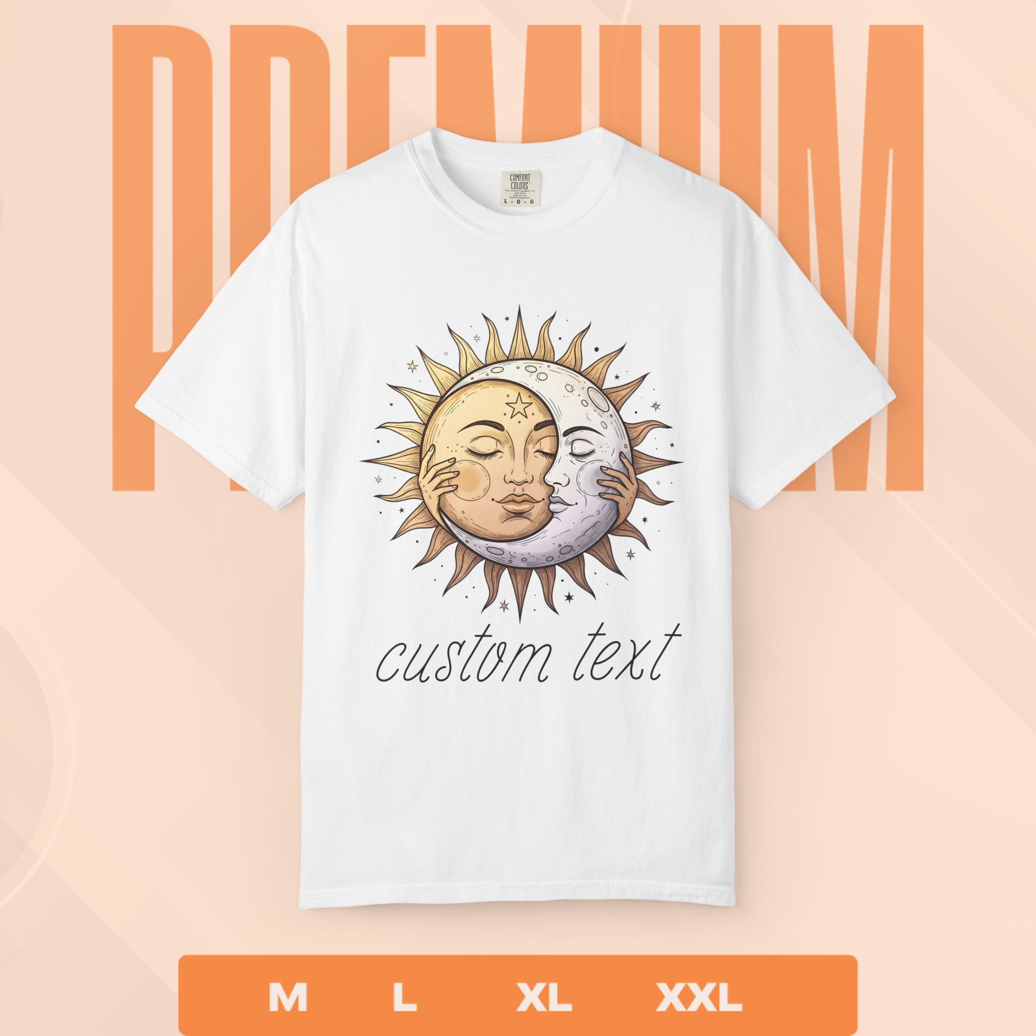 White t-shirt with sun and moon design and customizable text on a peach background