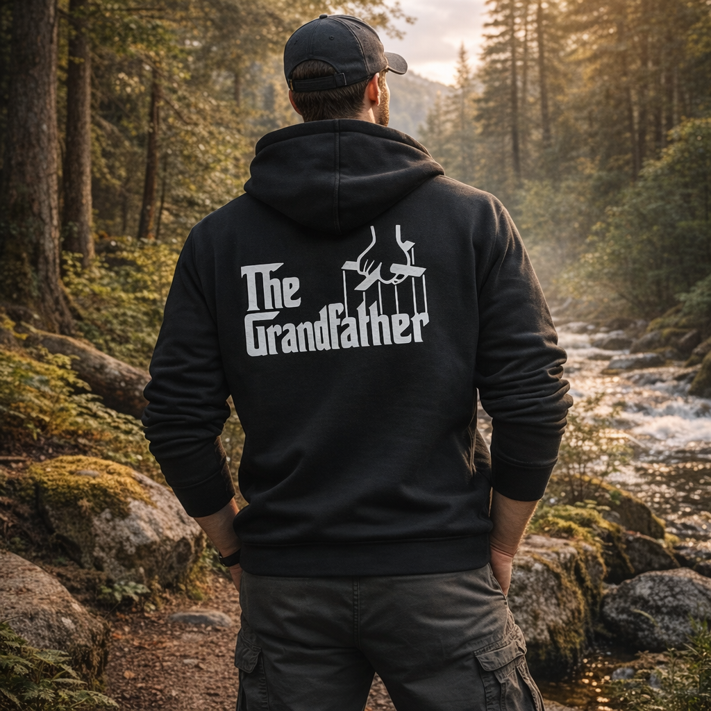 Person wearing a hoodie with 'The Grandfather' logo in a forest setting