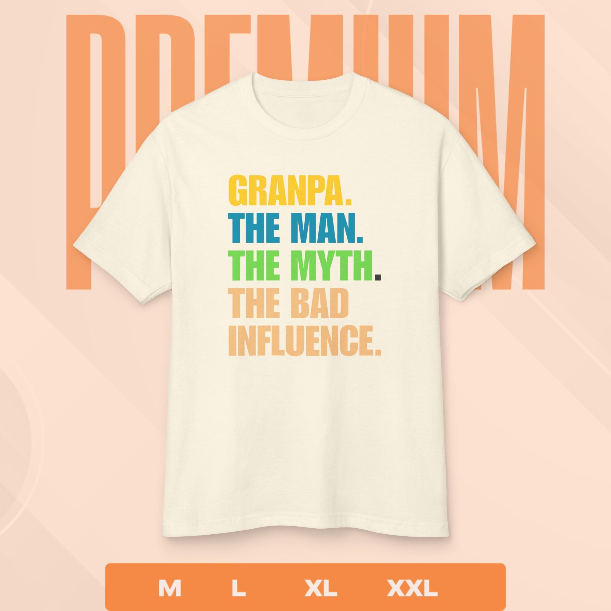 White t-shirt with colorful text on a pink background