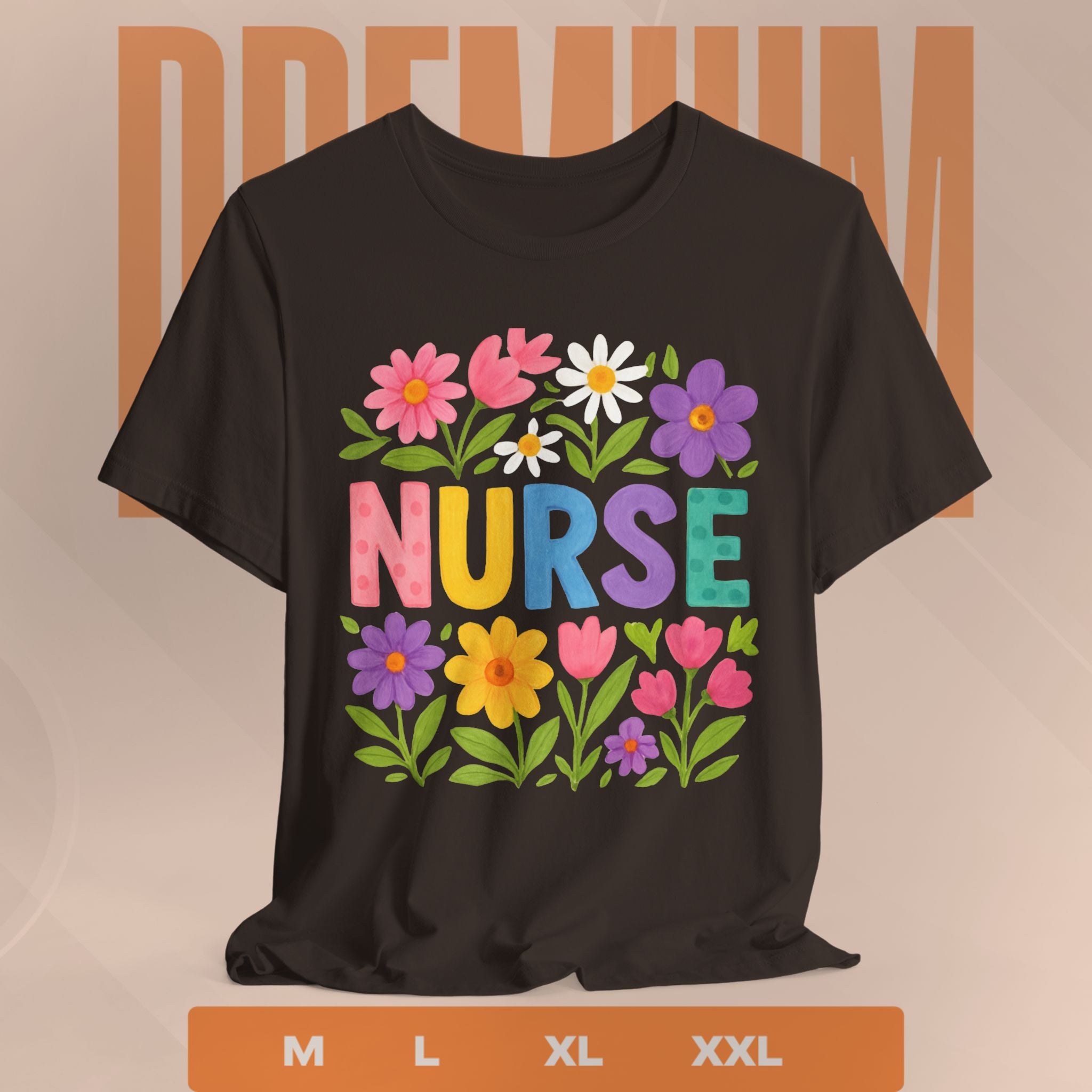 Black t-shirt with colorful 'NURSE' design featuring flowers on a beige background.