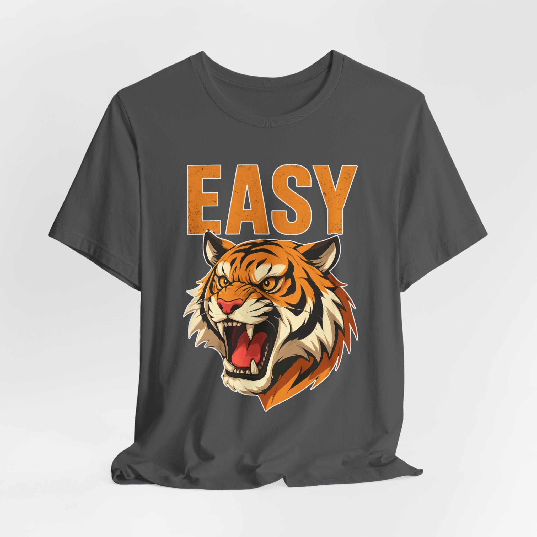 Gray t-shirt with a tiger graphic and 'EASY' text on a white background