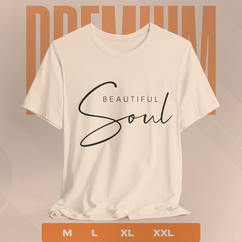 Beige t-shirt with 'Beautiful Soul' text on a beige background