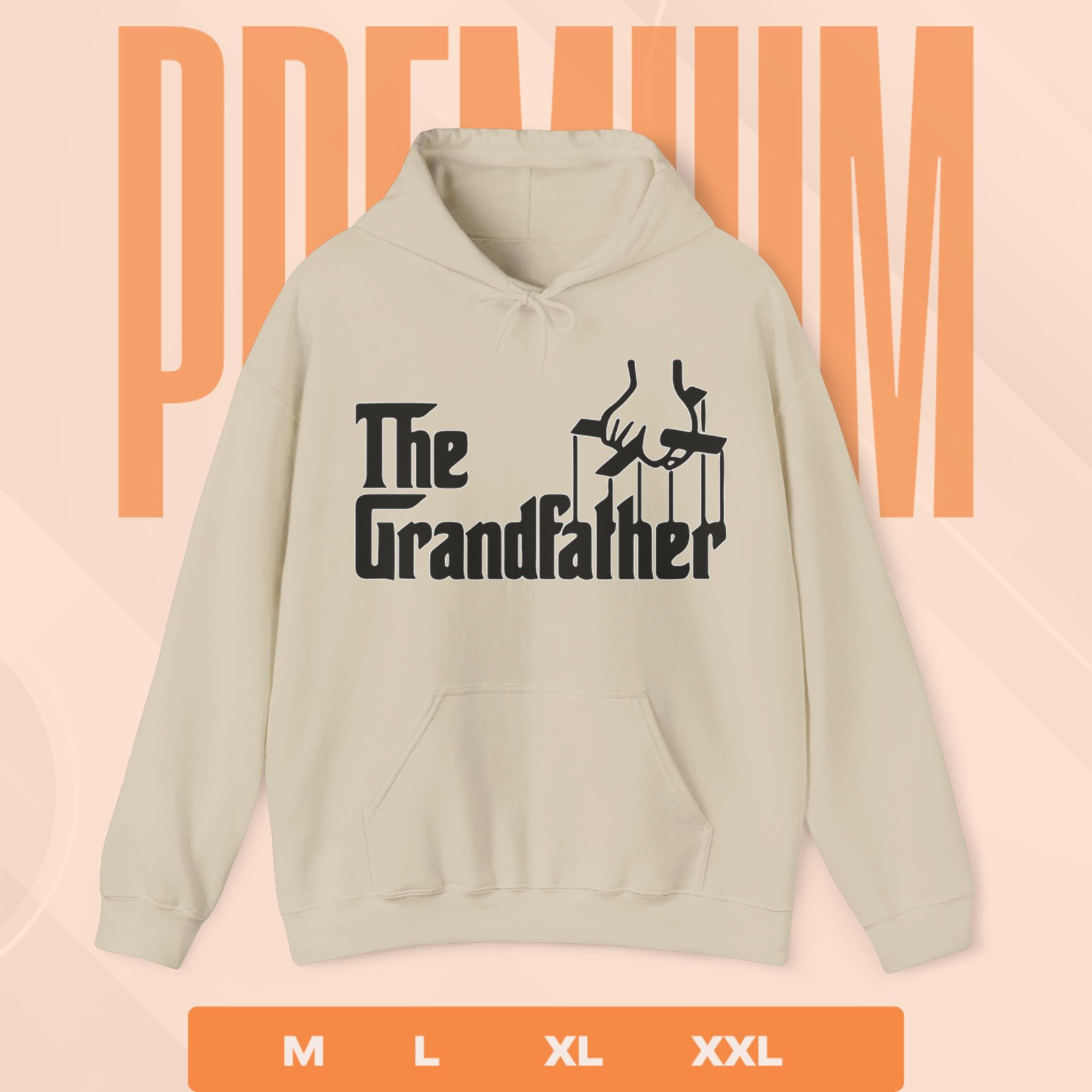 Beige hoodie with 'The Grandfather' text and graphic on a peach background with 'PREMIUM' text.