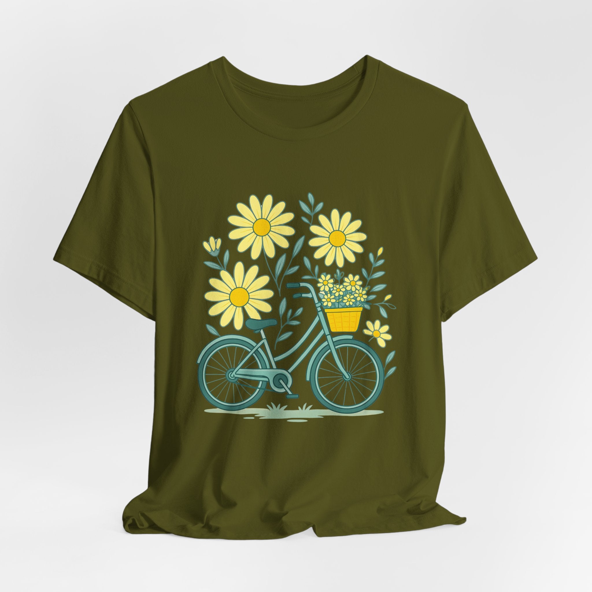 Green t-shirt with a bicycle and floral design on a white background