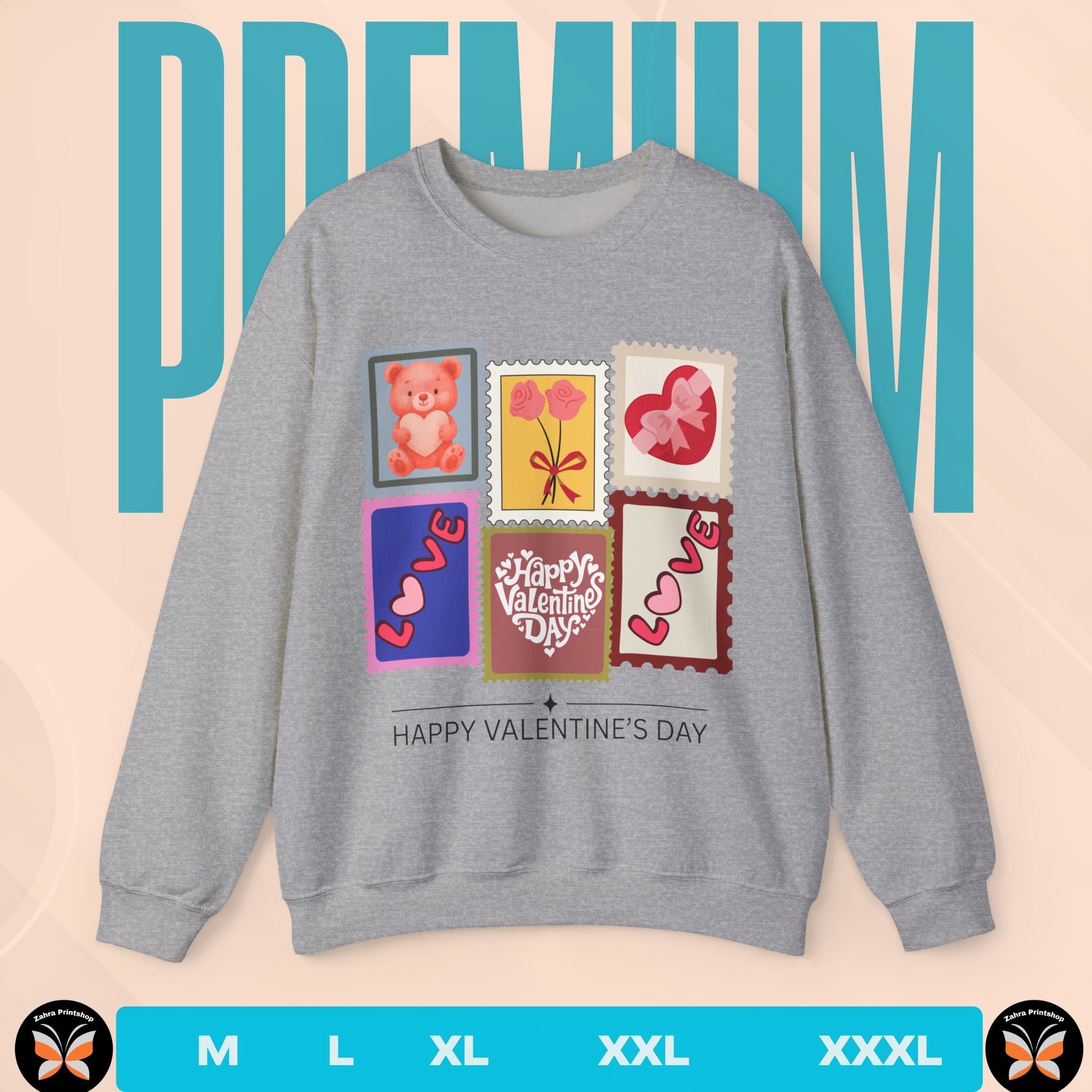 Gray sweatshirt with Valentine's Day designs on a beige background