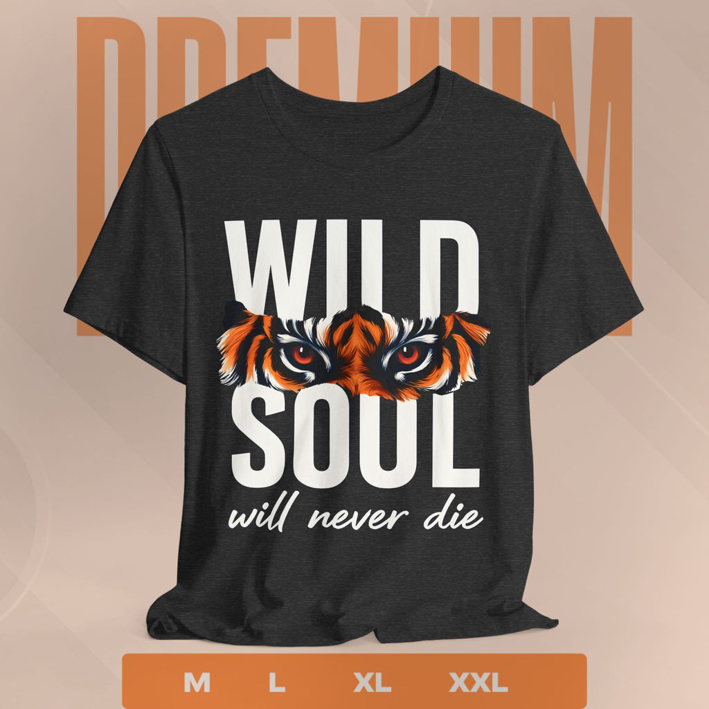 Black t-shirt with tiger design and text 'Wild Soul will never die' on a beige background.