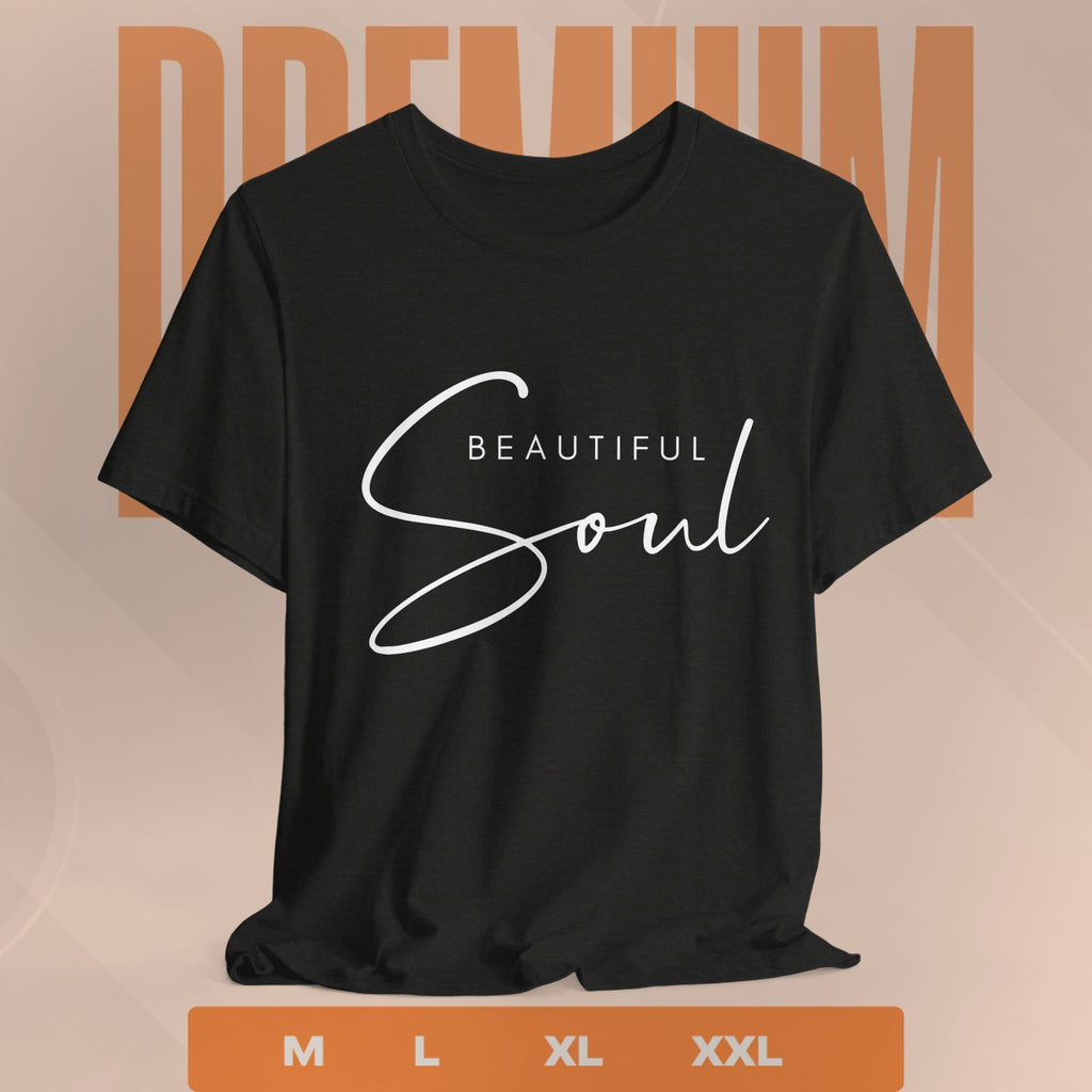 Black t-shirt with 'Beautiful Soul' text on a beige background