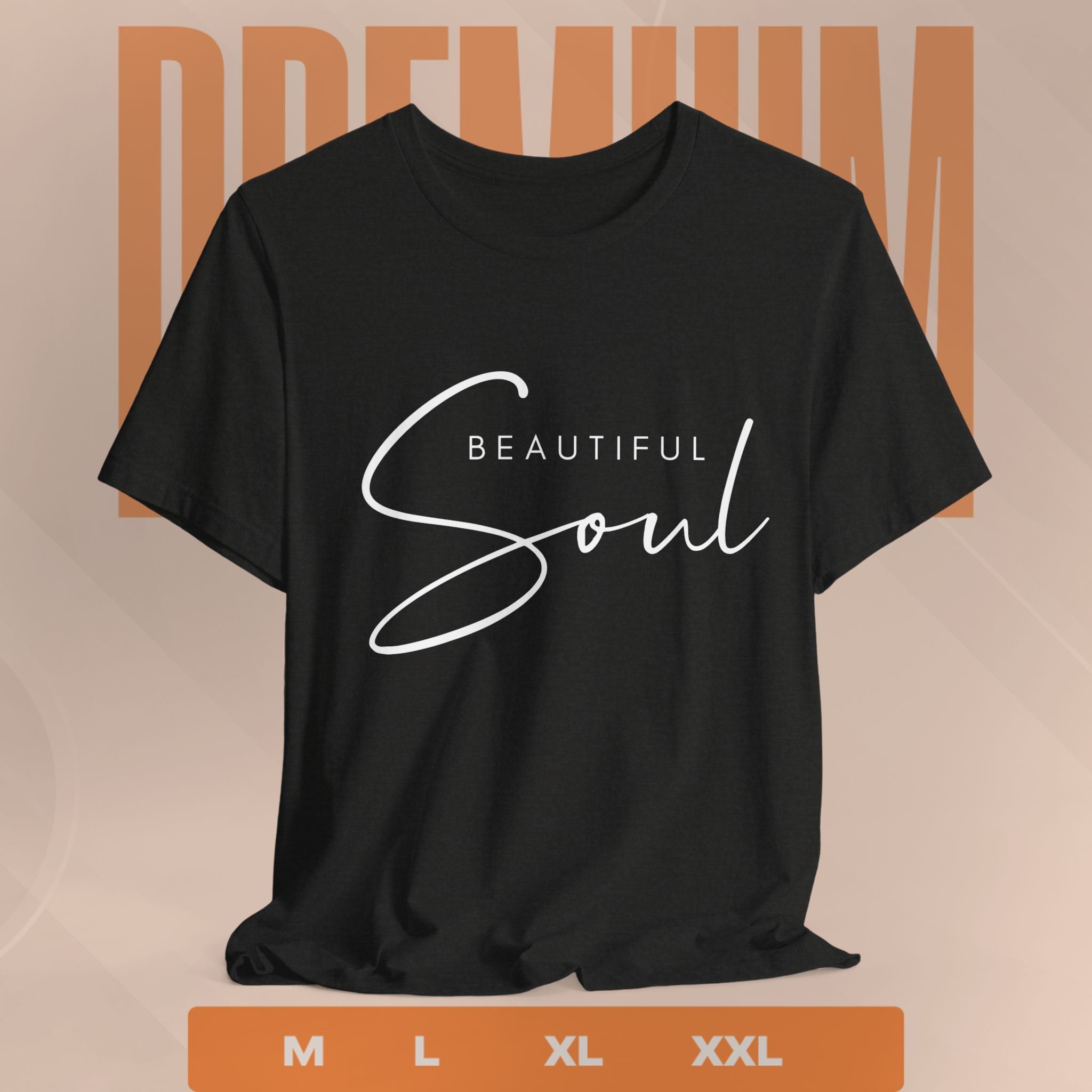 Black t-shirt with 'Beautiful Soul' text on a beige background