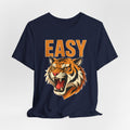 Navy blue t-shirt with a tiger graphic and 'EASY' text on a white background