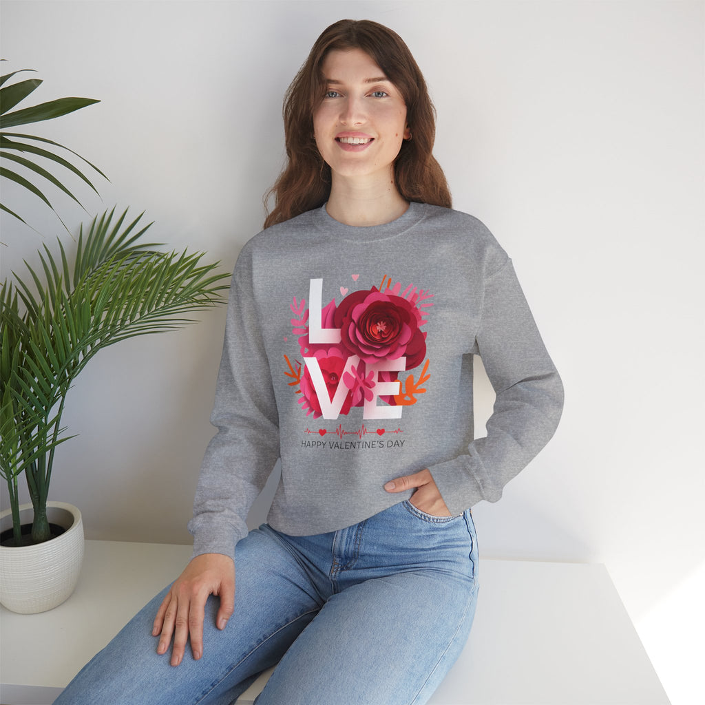 woman wearing a grey sweatshirt love for valentine's day