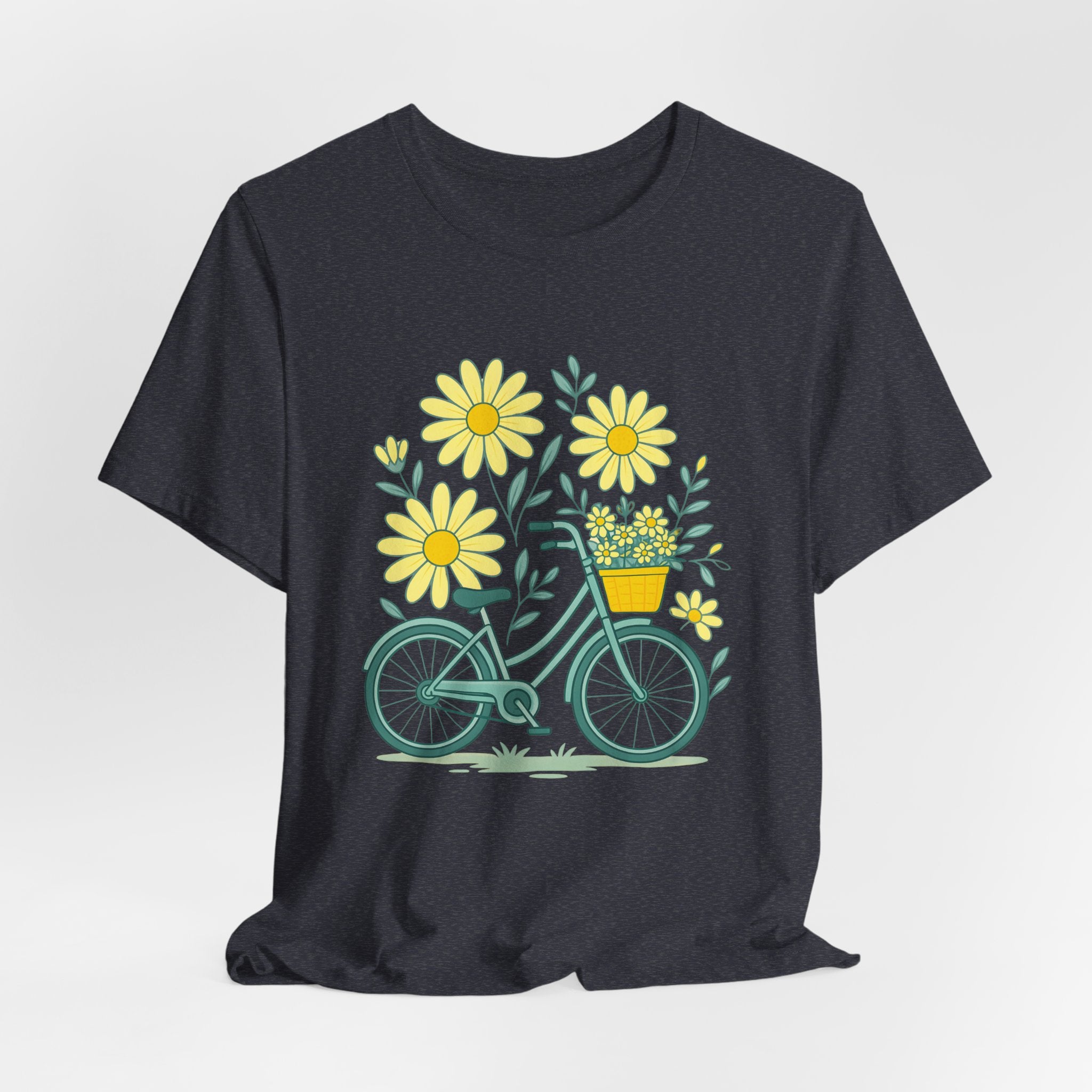 Navy t-shirt with a bicycle and flower design on a white background
