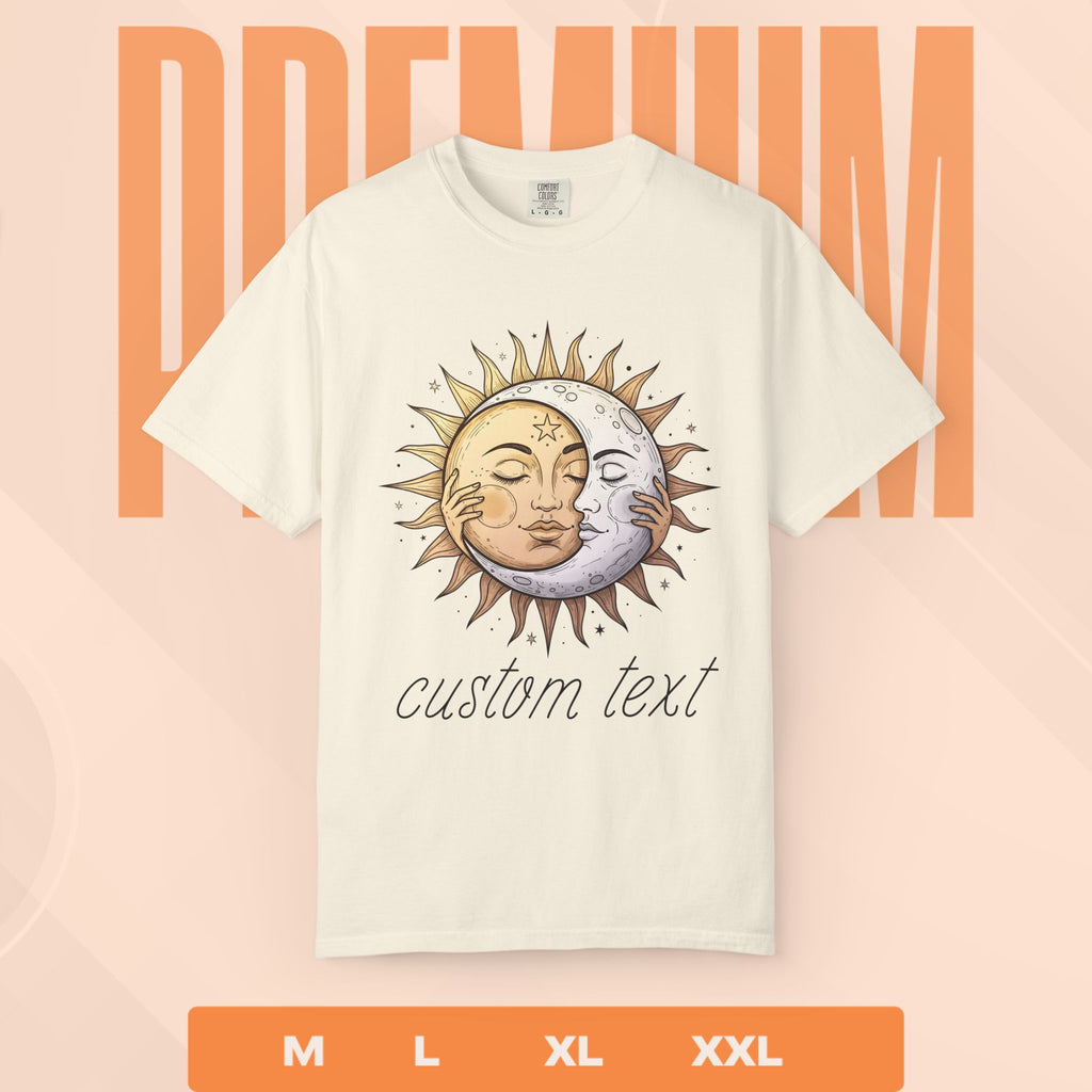 Ivory t-shirt with sun and moon design on a peach background